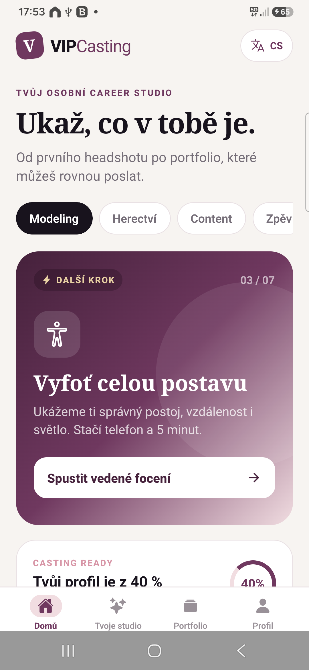 Domovská obrazovka aplikace VIPCasting